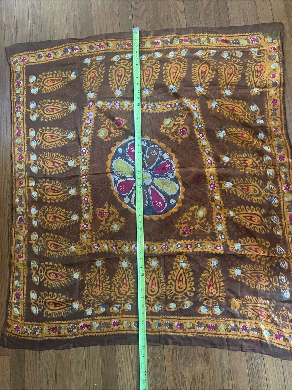 Vintage Pure Silk Govt Iran Paisley Square 45in scarf Brown Yellow Pink 70s